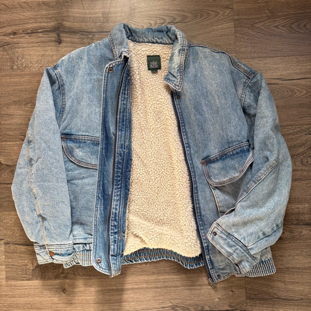 Wild Fable Blue Sherpa Lined Oversized Denim Bomber Jacket size Small Women